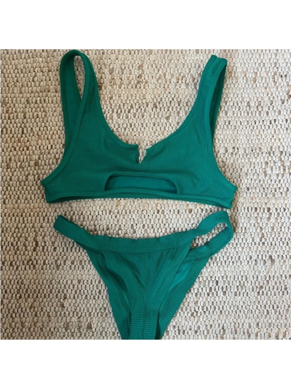 Frankie’s Bikinis Set - Top (L) and Bottom (M) Emerald Green Ribbed Cutout